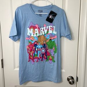NEW Marvel adult light blue multicolor abstract superhero decal graphic tshirt L